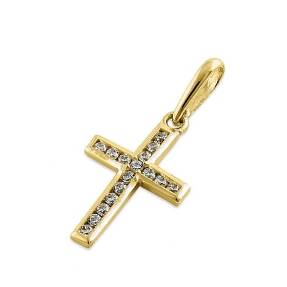 Solid 14K Yellow Gold CZ Cross Pendant Necklace - Picture 1 of 5